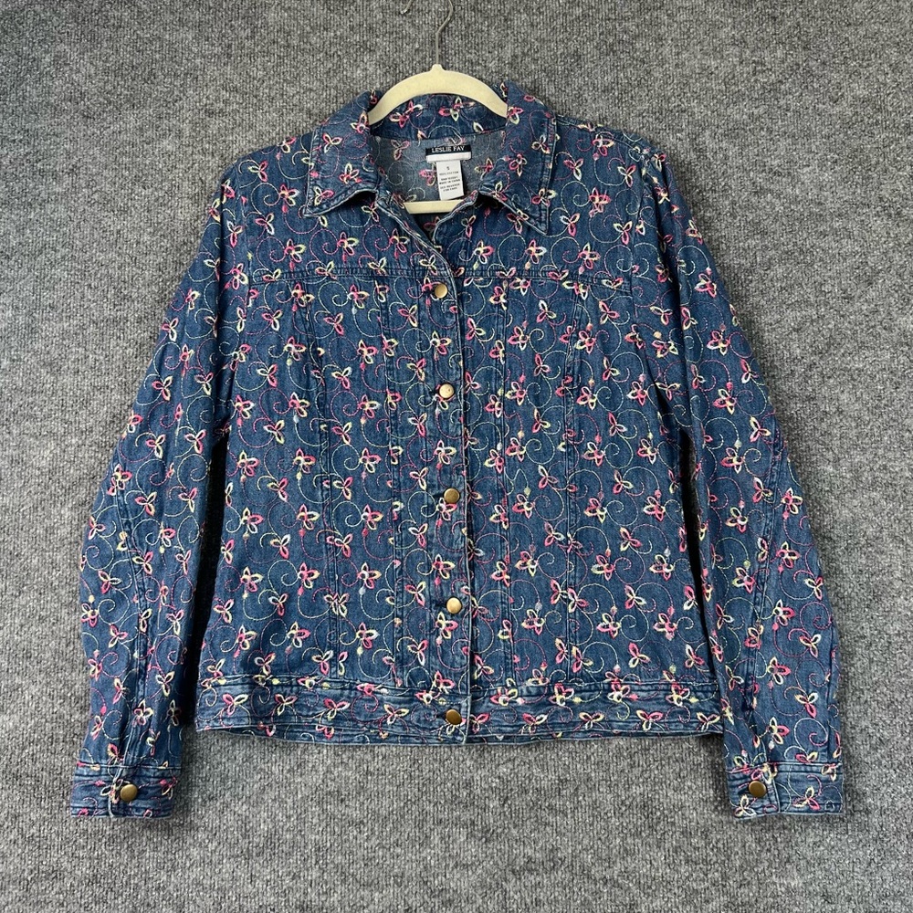 Leslie Fay Denim‎ Jacket Women Size Small Vintage Spring Flowers Embroidered